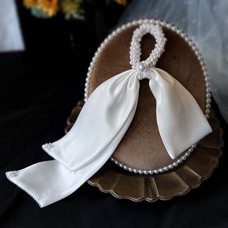 Dây Buộc Tóc Nơ Vải Satin Đính Ngọc Trai Phong Cách Retro Cho Cô Dâu