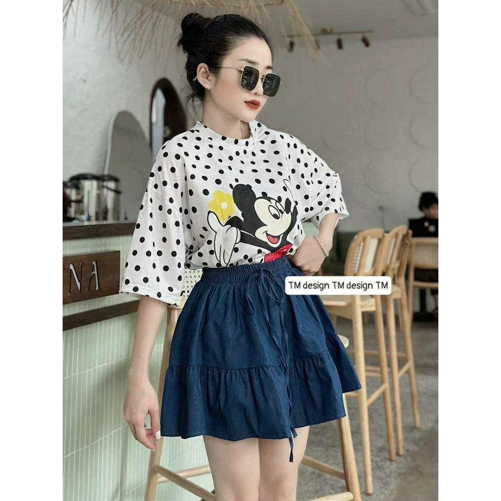 Set Bộ Đồ Nữ Áo Phông Chấm Bi Mickey Mix Chân Váy Bò Giấy Xòe Dáng Ngắn Freesize