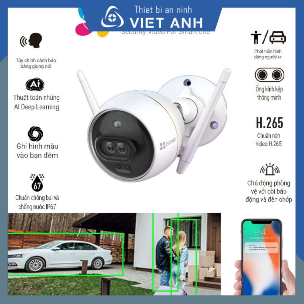 Camera IP EZVIZ C3X 2.0 Megapixel, Camera không dây ngoài trời có màu ban đêm, tích hợp AI, đèn và còi báo động