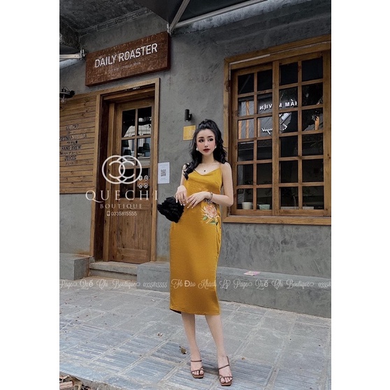 Đầm Lụa 2 dây cổ yếm đuôi cá thêu hoa nổi 3D dễ thương (bầu bí | sau sinh mặc được) mặc ngủ mặc nhà