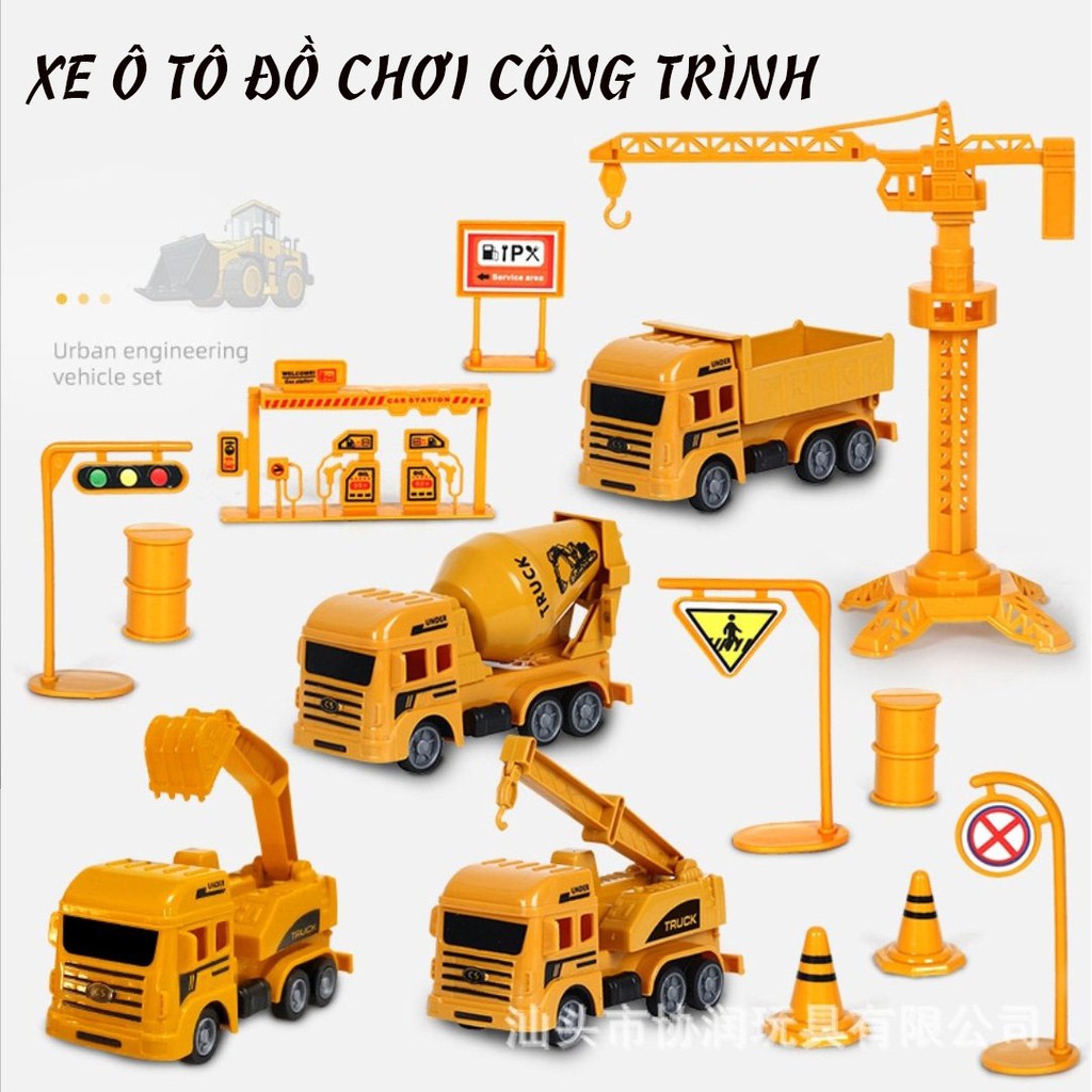 Bộ Ô Tô Đồ Chơi Công Trình, Xe Cẩu, Xe Ben, Xe Máy Múc