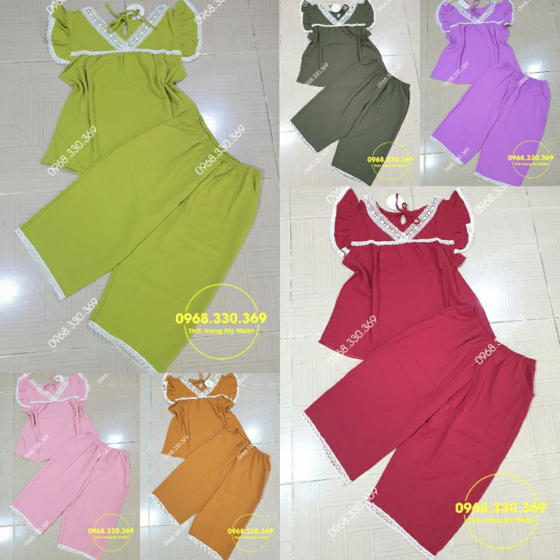 Đồ bộ mặc nhà đũi phối ren cổ tim siêu dễ thương