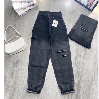 Baggy jeans lưng cao 2 nút rách bẹ 3line