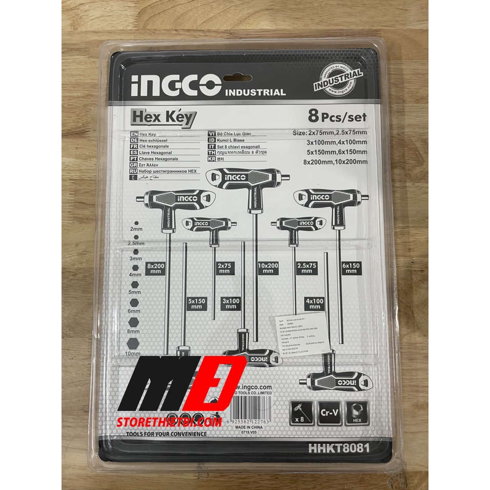 Bộ 8 chìa lục giác tay cầm chữ T đầu bằng2-10mm INGCO HHKT8081
