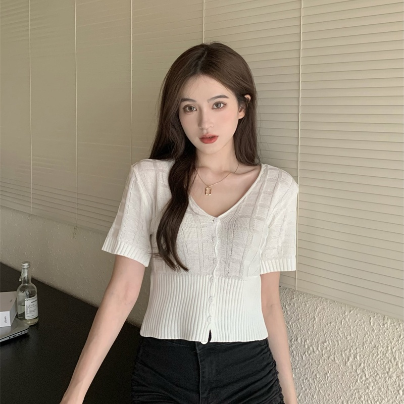 SUXI Áo Dệt Kim Ngắn Tay Cổ Chữ V Màu Sắc Trơn Thời Trang Mùa Hè Cho Nữ