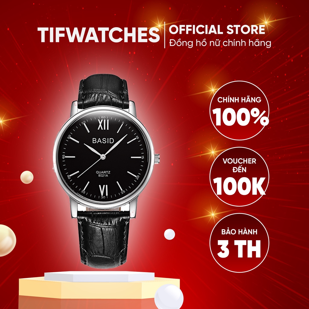 Đồng hồ cặp nam nữ dây da cá sấu BASID KIM full black đồng hồ đôi chính hãng Watchesbytif size 30mm & size 38mm