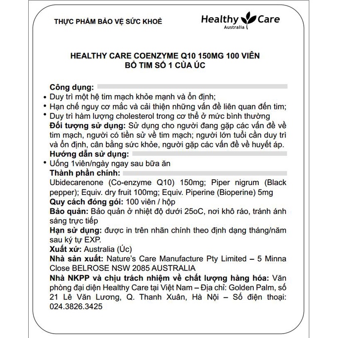 Viên uống bổ tim mạch Healthy Care Coenzyme Q10 100 viên