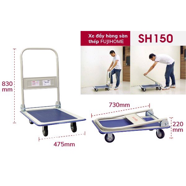 Xe đẩy hàng 4 bánh gấp gọn chở 100kg Nhập Khẩu FUJIHOME SH150, xe kéo hàng gấp gọn đa năng sàn thép,bánh cao su chống ồn