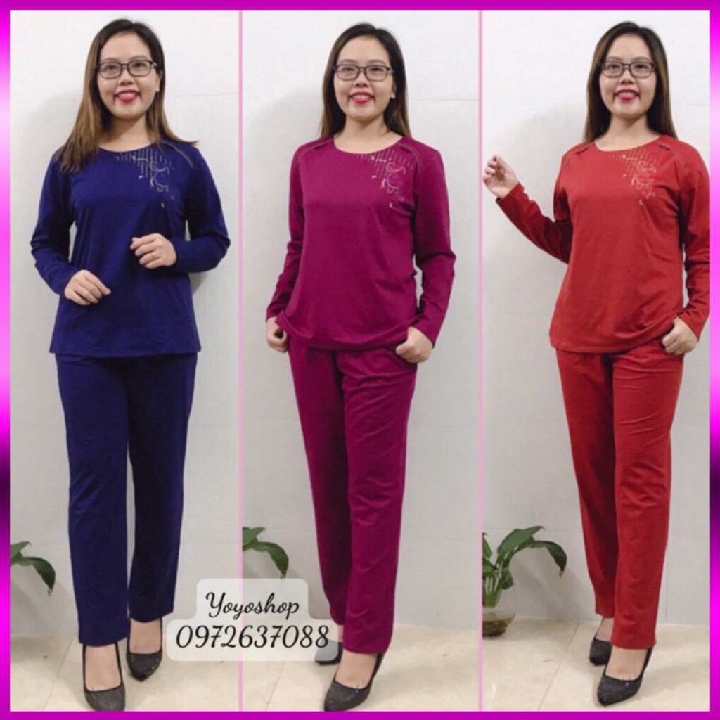 Bộ Mặc Nhà Trung Niên Thu Đông Chất Cotton Dài Tay- Bộ Mặc Nhà Cho Mẹ Cho bà Hình Thêu