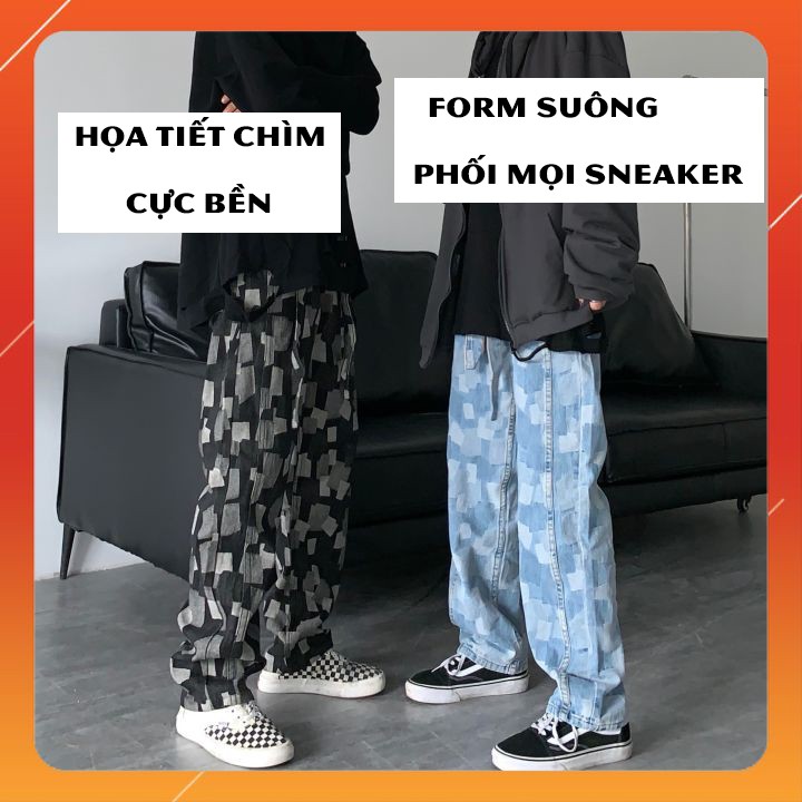 Quần Jean ống suông rộng họa tiết đường phố unisex streetwear vân chìm bandana xuông phối với sneaker