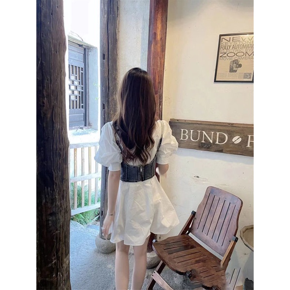 Set Đầm Sơ Mi Tay Phồng + Áo Khoác Denim Không Tay Phong Cách Thời Trang Mùa Hè 2022 Mới Dành Cho Nữ