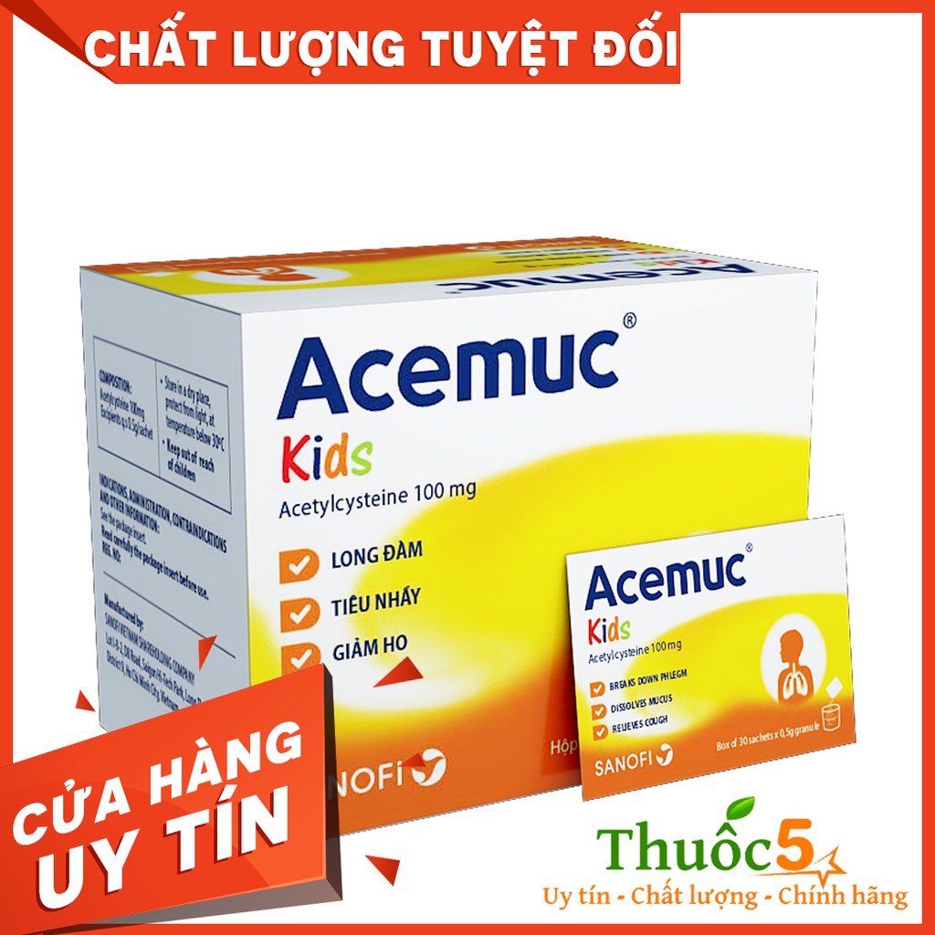 Acemuc kids 100mg giúp hệ hô hấp khỏe mạnh hộp 30 gói