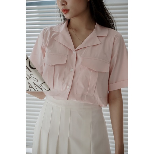 Áo sơ mi nữ côc tay cổ vest túi hộp Anya [ Méo Shop ]