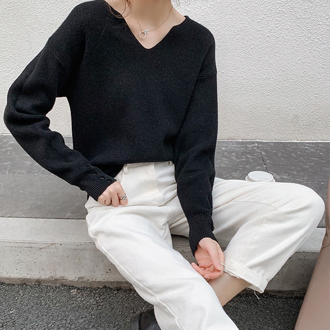 Liên Kết Liên Kết Với Nhau ✡ Thời Trang Áo sweater Dệt Kim Tay Dài Dáng Rộng Cổ Chữ v Cá Tính Cho Nữ