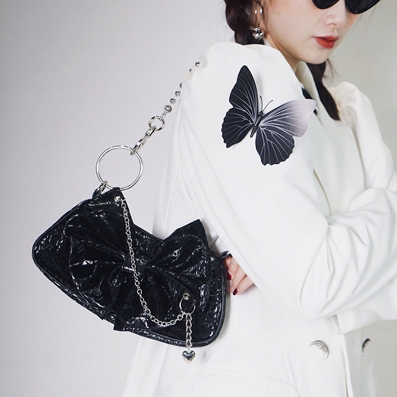 IELGY Túi đeo dưới cánh tay đính nơ phối chuỗi dây xích thời trang dành cho phái nữ