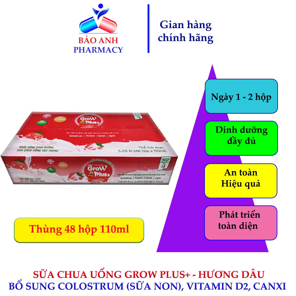 Sữa chua uống GROW PLUS+ Bổ sung Colostrum, Vitamin K2, giúp phát triển chiều cao, tăng đề kháng – Hương dâu – Thùng 48h