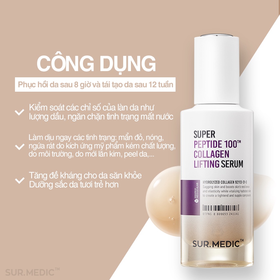 Combo Tinh Chất Trẻ Hoá Da &amp; Kem Dưỡng Trẻ Hoá Phục Hồi Da Hư Tổn SURMEDIC Super Peptide 100tm Collagen Lifting 50ml