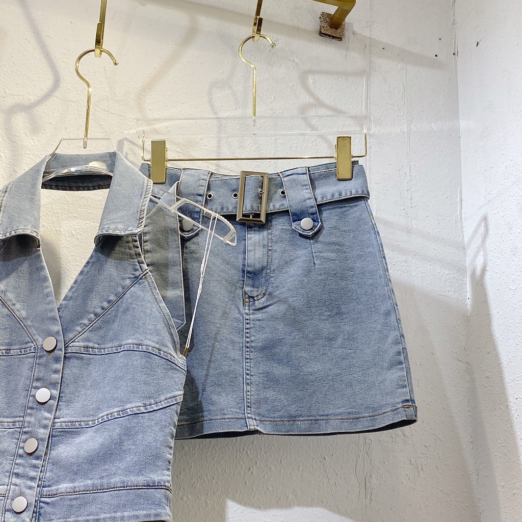 Jiashucheng Áo Hai Dây + Quần Culottes Denim Xanh Nhạt Thời Trang Mùa Hè Nóng Bỏng Cho Bé Gái