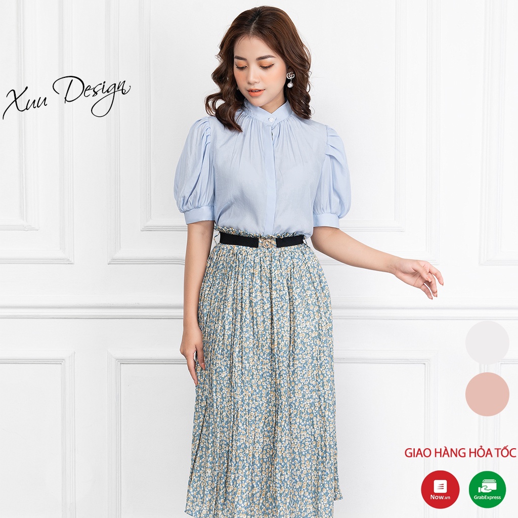 Áo sơ mi nữ công sở tay lửng cổ tàu Xuu, thiết kế tay bồng xếp ly SP37