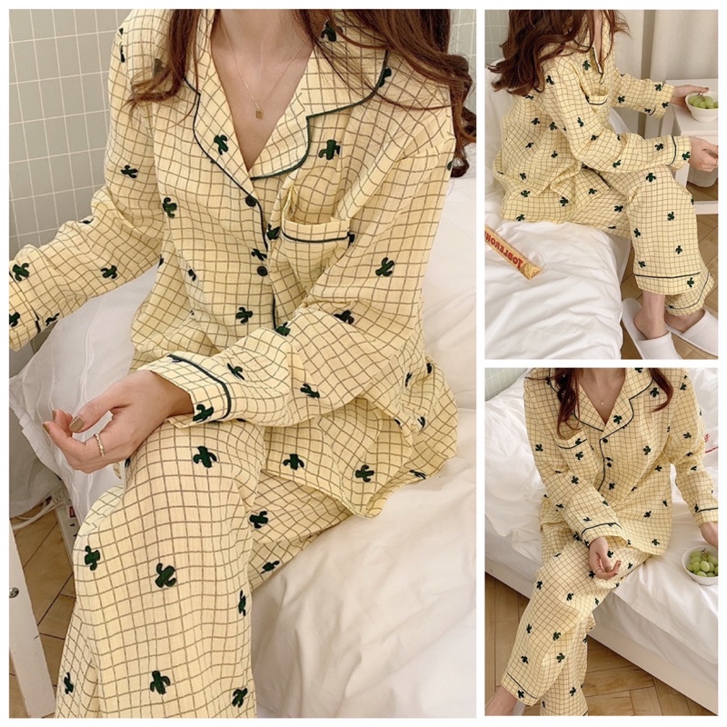 Bộ Đồ Ngủ Pijama Dáng Dài Thu Đông Kẻ Vàng Nữ Dáng Rộng Mặc Nhà