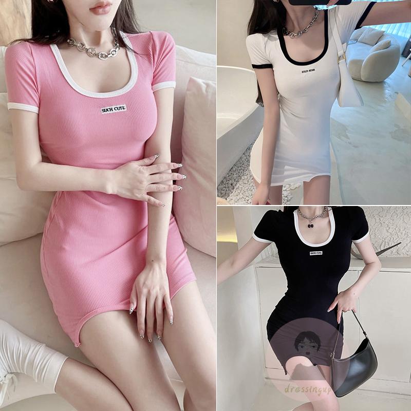 Đầm Ôm Xẻ Tà Cổ Chữ U Tay Ngắn Màu Đen / Hồng / Trắng Họa Tiết Chữ Cho Nữ