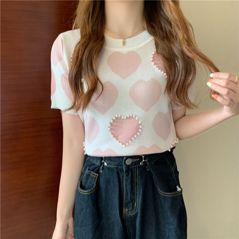 Áo Dệt Kim Tay Ngắn Vải Lụa Lạnh Mỏng Thời Trang Mùa Hè 2022 Thiết Kế Mới Phong Cách Pháp Cho Nữ