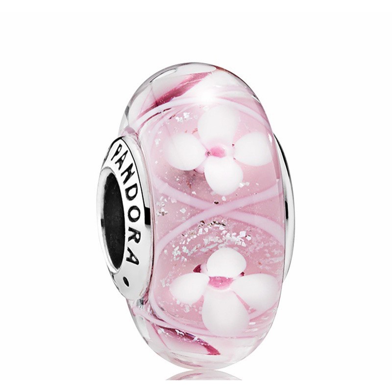 charm pan thuỷ tinh hoa đào hồng bạc s925 cao cấp