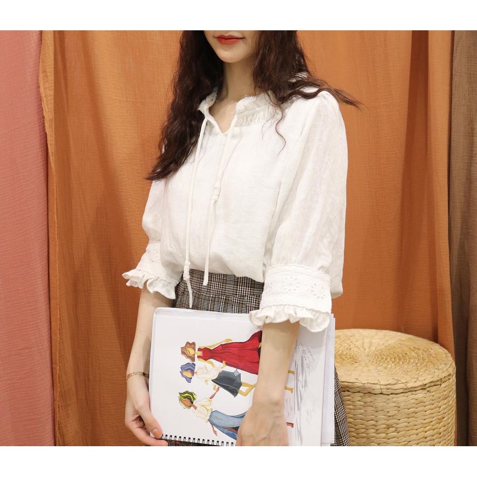Áo Sweet chất liệu Cotton dệt thô màu trắng kem