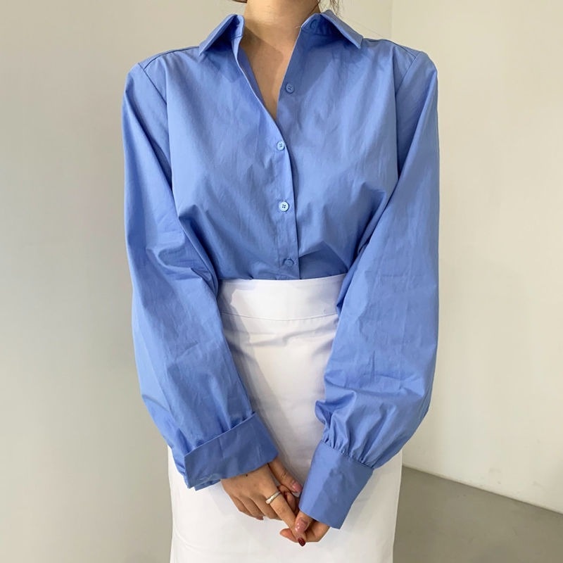 Áo Sơ Mi Tay Dài Dáng Rộng Lưng Xếp Ly Thiết Kế Lệch Tà Dễ Thương