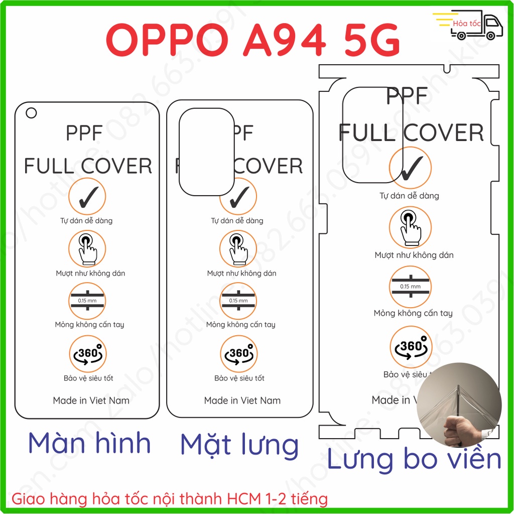 Dán PPF Oppo A94 (4G/5G) loại nhám, bóng dành cho mặt lưng, màn hình, full viền