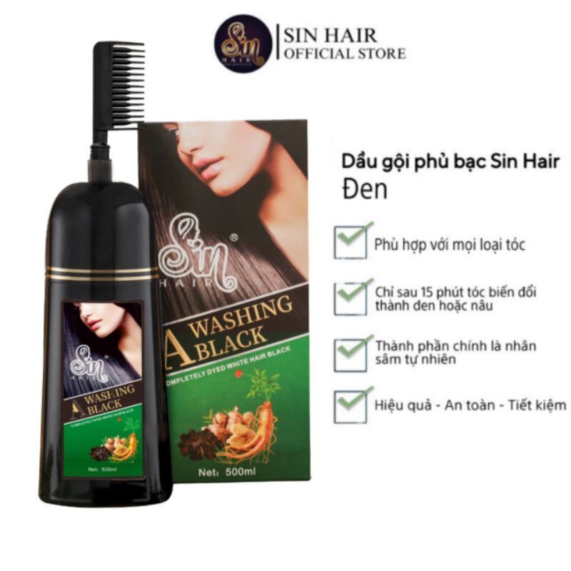 Dầu gội phủ bạc SIN HAIR Nhật Bản màu đen, thành phần nhân sâm tự nhiên giúp đen tóc, nâu tóc từ lần gội đầu tiên.