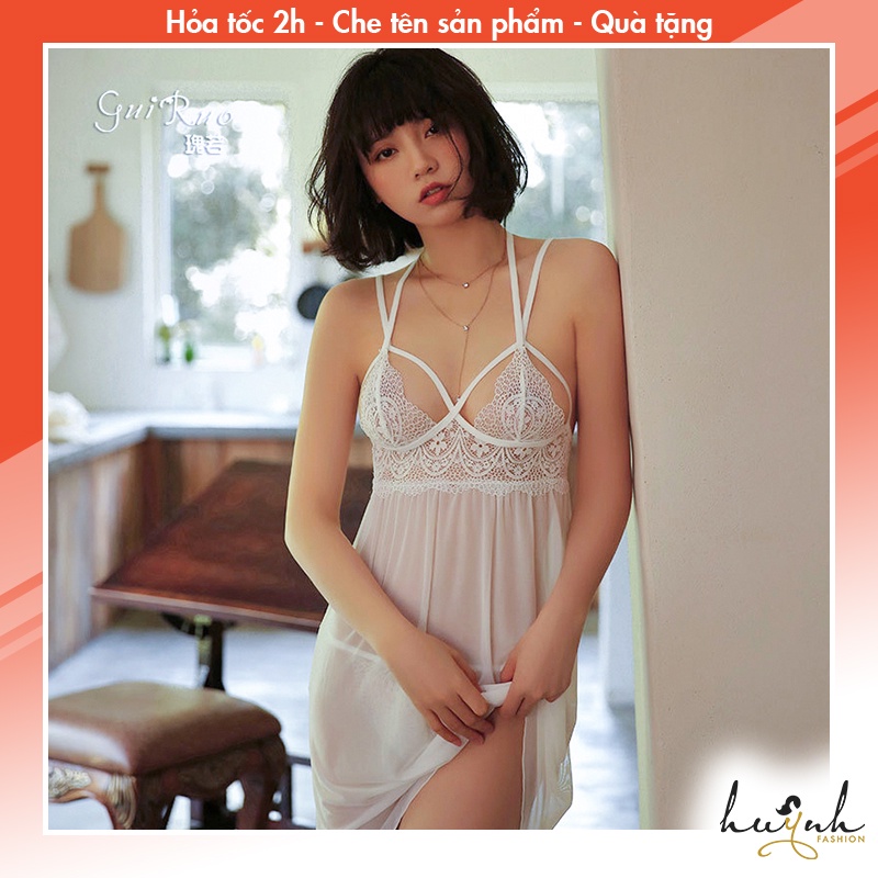 Váy Ngủ Xuyên Thấu Voan Phối Ren, Đầm Ngủ Hở Lưng Gợi Cảm GUIRUO - N65