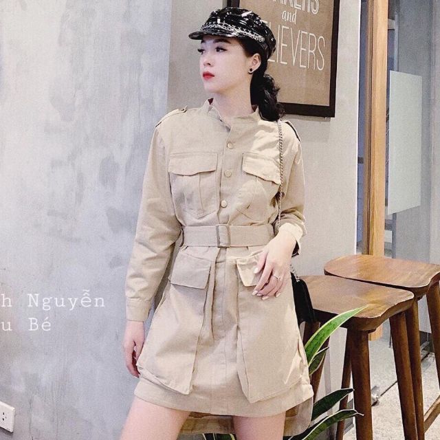 Đầm sơ mi tay dài phối túi
