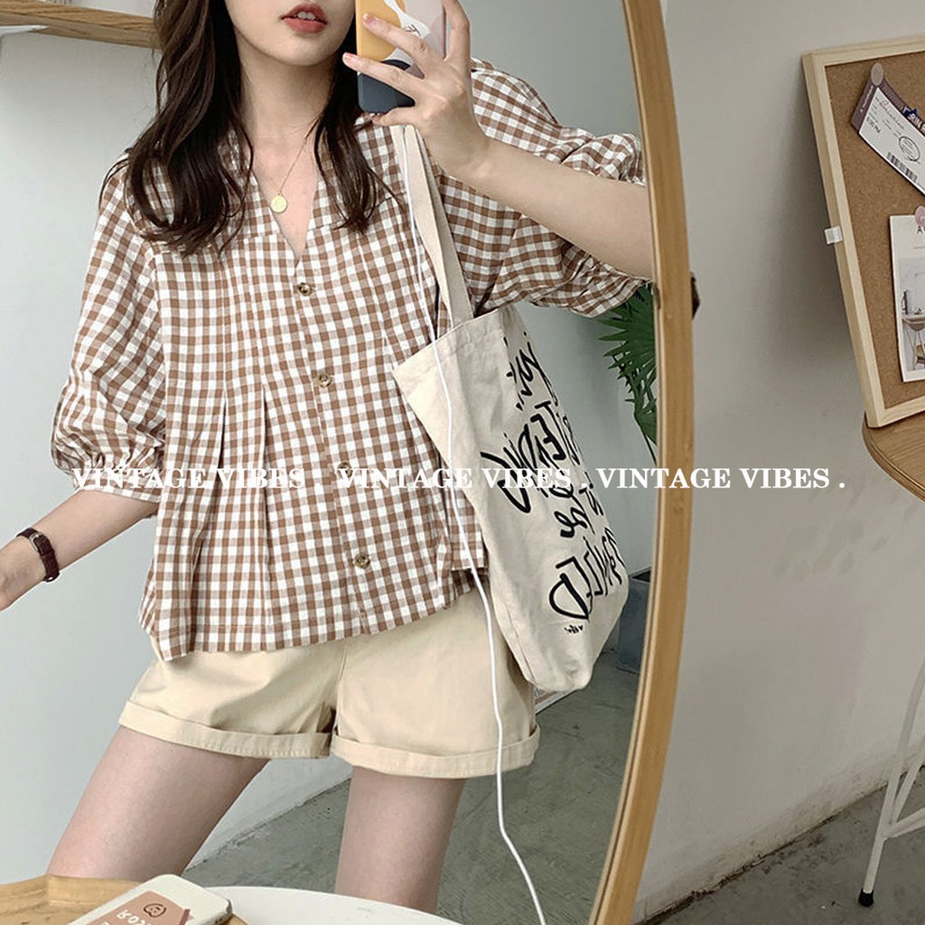 Áo babydoll cổ kiểu kẻ caro tay lỡ Ulzzang (hàng QC) - Ảnh thật + Video thật 1000%