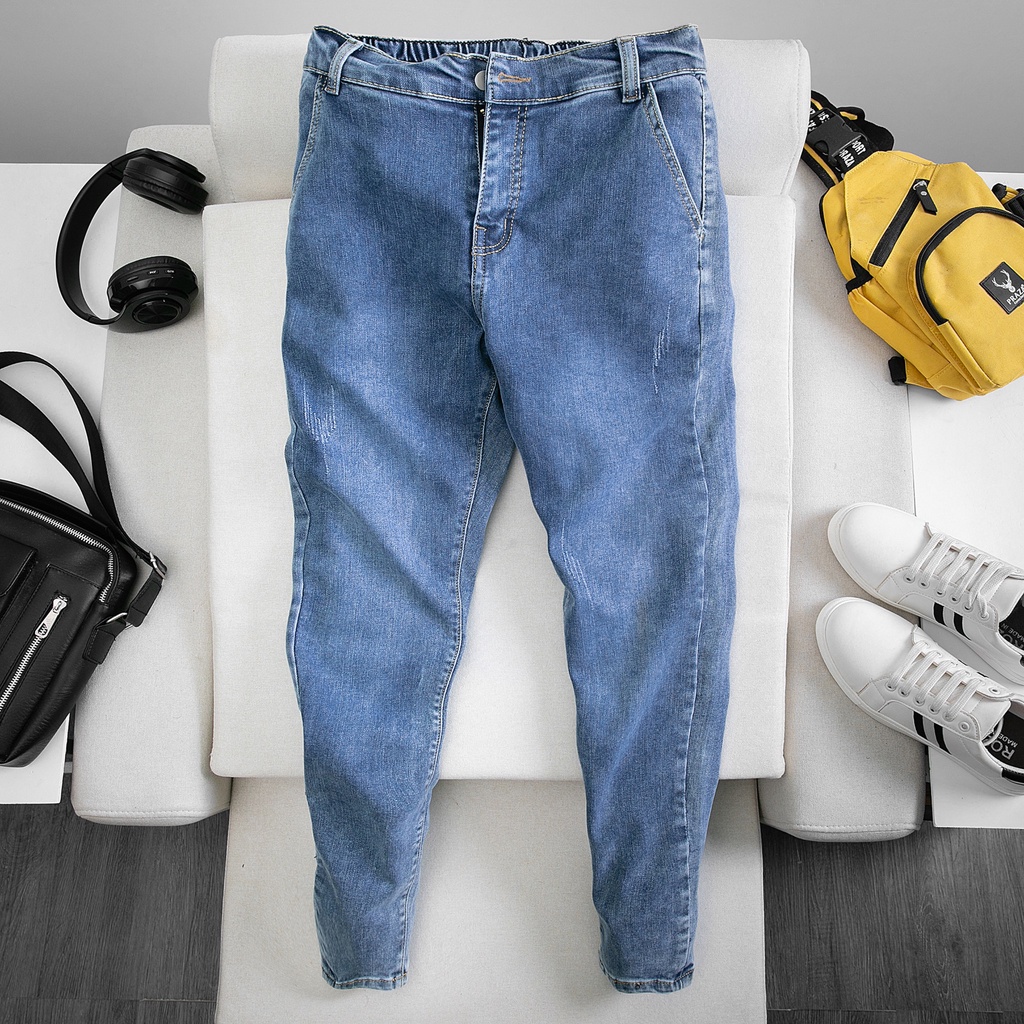 Quần Jean Nam Nửa Chun Sau Dáng Quần SLIM-FIT Trơn Cào Xước Nhẹ, Cho Các Bạn Có Chiều Cao Và Cân Nặng Khiêm Tốn