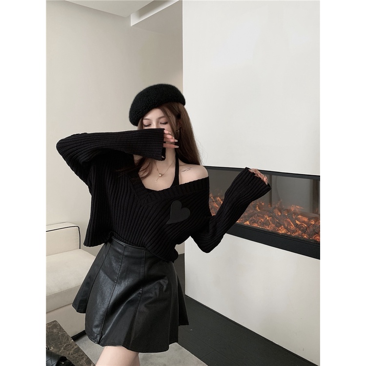 áo len cổ chữ V trễ vai + chân váy da thời trang nữ (có bán lẻ)