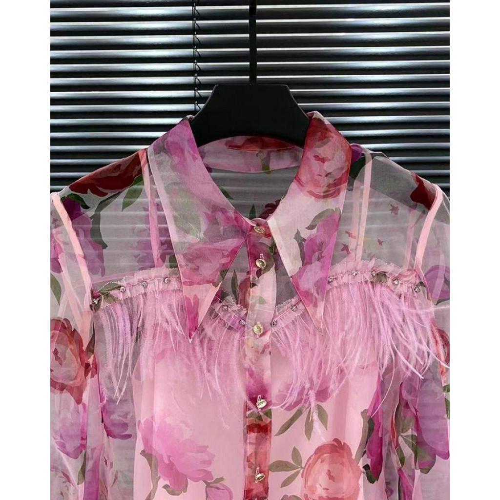 Áo Sơ Mi Chiffon Hai Mảnh Cài Nút Họa Tiết Hoa Màu Hồng Phong Cách Trung Hoa Cổ Điển Thời Trang Mùa Hè Hàng Mới 2023