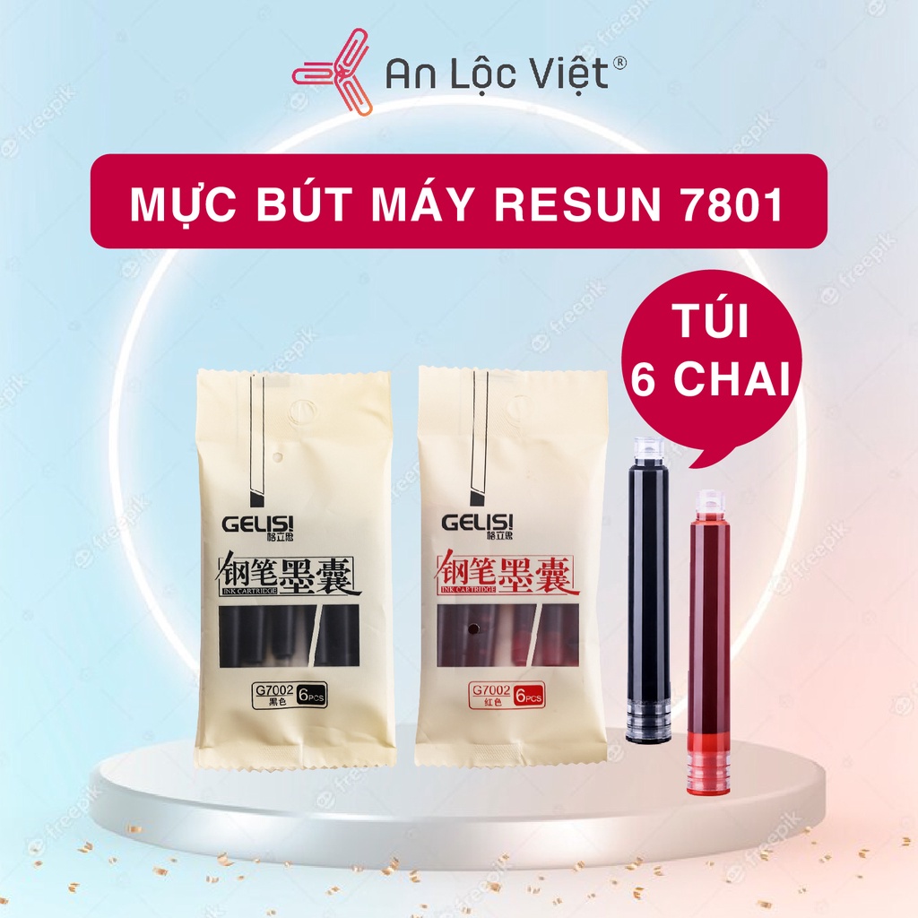 Set 5 Mực Bút Máy Resun 7801, Túi Gồm 6 Chai Mực - (Màu Mực Đỏ - Đen) Dành Cho Học Sinh - Sinh Viên - Văn Phòng