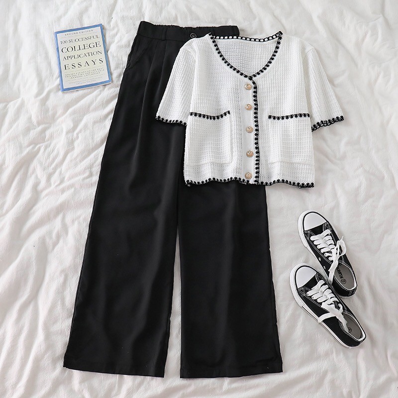 Set Áo Croptop Sơmi Ngắn Tay Túi Đắp Viền Lai Hot Trend Quần Culottes Cạp Cao Ống Rộng