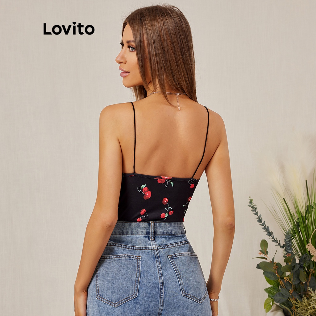 Bodysuit Lovito dây mảnh in hoạ tiết cherry xinh xắn mặc thường ngày L18D054 (màu đen)