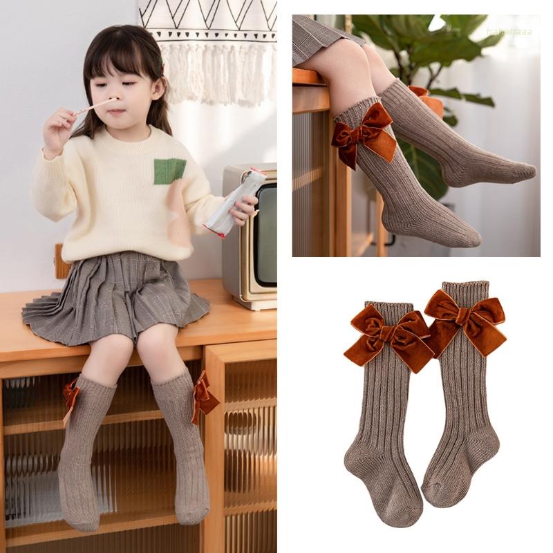 Vớ dài ngang gối vải nhung dệt kim đính nơ dễ thương giữ ấm mùa đông cho bé gái 0-7 tuổi