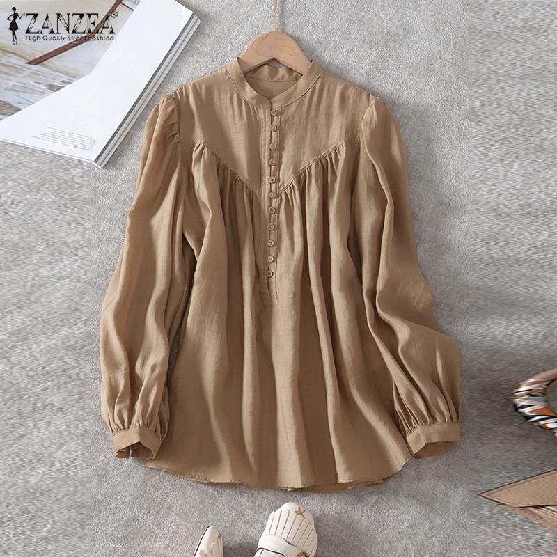 Zanzea Áo Kiểu Tay Phồng Cổ Đứng Xếp Ly Cài Nút Phong Cách Cổ Điển Thời Trang