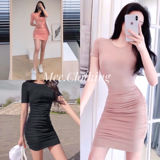 Đầm Body Dúm Eo, Váy Body Chất Cotton Tàu Siêu Co Giãn, dáng ôm body ngắn | BigBuy360 - bigbuy360.vn
