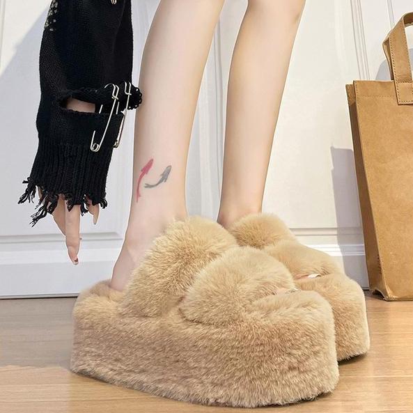 Dép Quai Ngang Phối Lông Xù Phong Cách Hàn Quốc Thời Trang Mới Cho Nữ