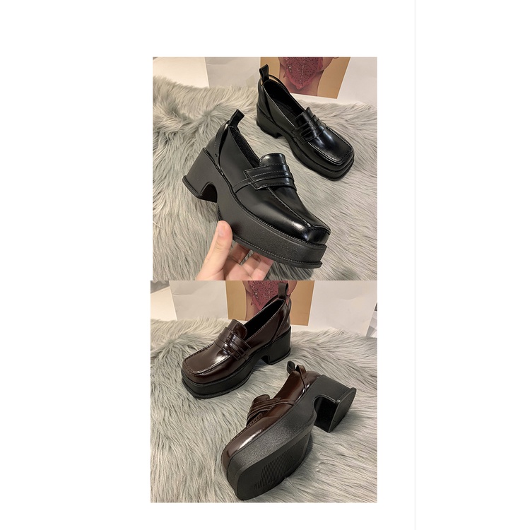 Fangtou Thick Bottom Small Leather Shoes Female Britain Wind 2021 Spring New Black High Heel Student Fashion Single Shoe