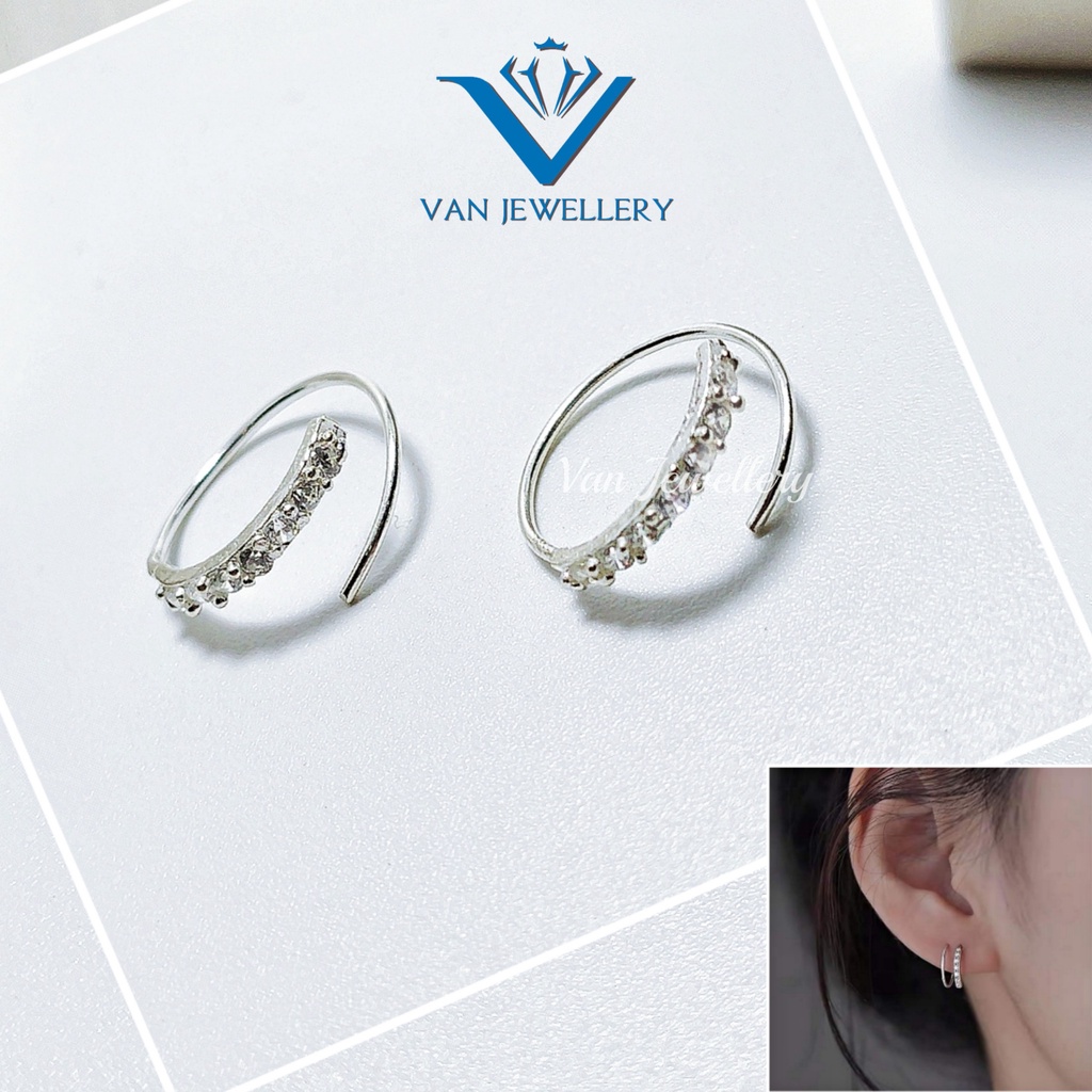 Bông tai bạc Bông một hàng đá tròn xoắn vòng xinh xắn Van Jewelry V10157 (giá 1 đôi)