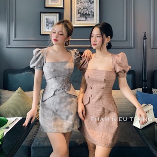 Đầm caro nút bọc