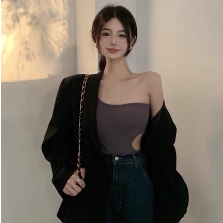 Áo Bra dệt kim nữ hở vai khoét eo có đệm mút hàng Quảng Châu cao cấp