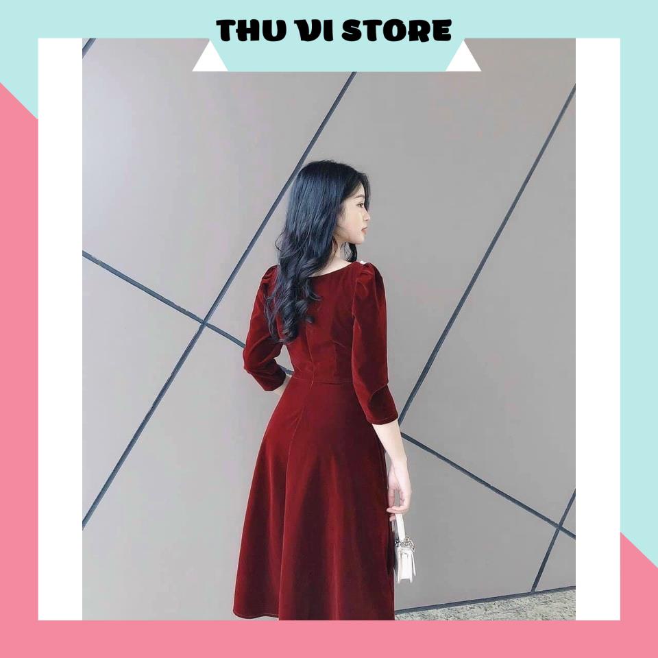 Váy Nhung Nữ, Đầm Nữ Dáng Xòe Cổ Tròn Tay Lửng Đính Nút Vai Chất Nhung Cứng Mịn Đứng Form Màu Đen, Đỏ Siêu Tôn Dáng | BigBuy360 - bigbuy360.vn