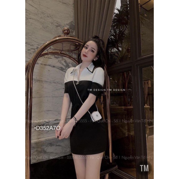 Đầm Sơ Mi Nữ Dáng Ôm Tay Ngắn Phối Màu Cổ Khóa Kéo Eo Rút Dây Thun Co Dãn Mã D352A7O